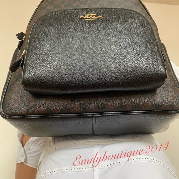 NWT Coach 6495 Large Court Backpack In Signature Canvas Brown Black Leather Bag - Picture 8 of 11
